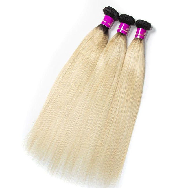 Ombre 1b/613 Black Root Blonde Brazilian Straight Human Hair 3 Bundles - The Best Human Hair Weave and Human Hair Wigs
