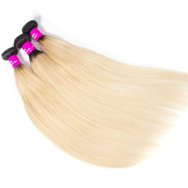 Ombre 1b/613 Black Root Blonde Brazilian Straight Human Hair 3 Bundles - The Best Human Hair Weave and Human Hair Wigs
