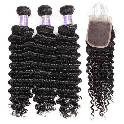 3 Bundles Deep Wave Hair With 1 Free Lace Closure - The Best Human Hair Weave and Human Hair Wigs
