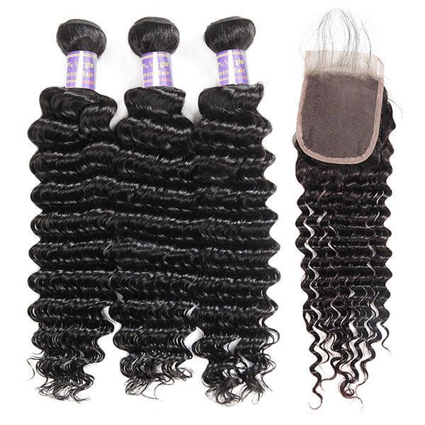 3 Bundles Deep Wave Hair With 1 Free Lace Closure - The Best Human Hair Weave and Human Hair Wigs