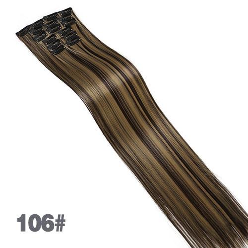 JINKAILI  12colors 24" 16 Clips in Hair Extensions Long Straight Synthetic Black Blonde Hairpieces 6Pcs/Set Heat Resistant False